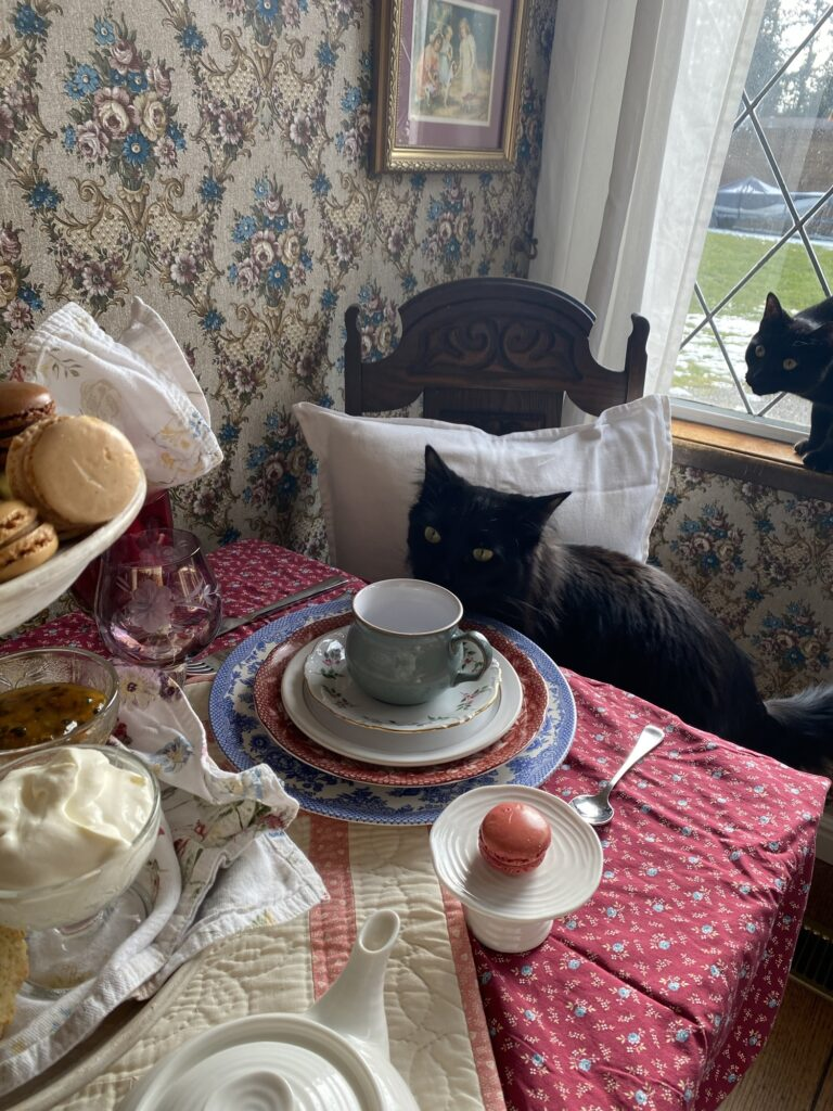 Two black cats having a tea party