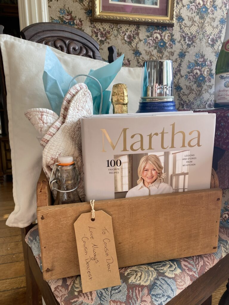 Gift basket for hostess including Martha Stewart's Cookbook and champagne 