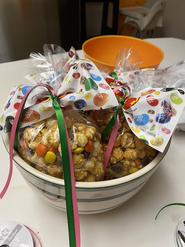 party grab bags with caramel popcorn, mini Rolos, chopped Crunchie, and Reese pieces, Bertie Bott’s Every Flavor Beans from Honeydukes in Diagon Alley