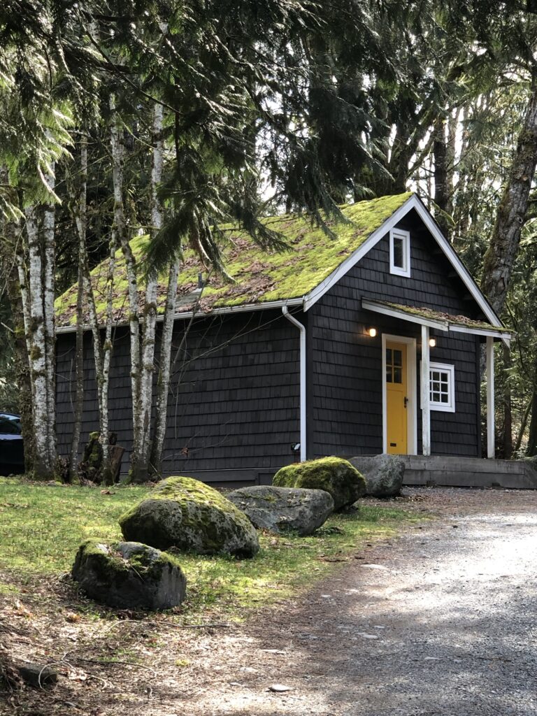 Cabin rental in Squamish BC with cedar shingles and moss roof in the woods