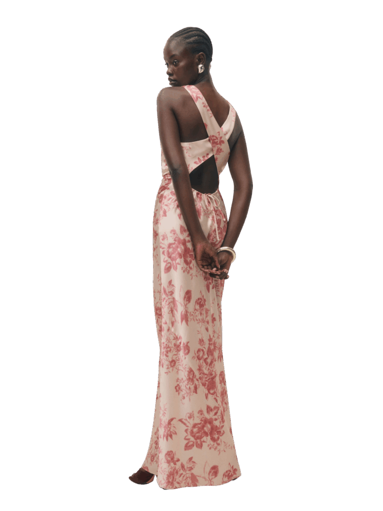 Pink floor length evening dress with crisscross back detail