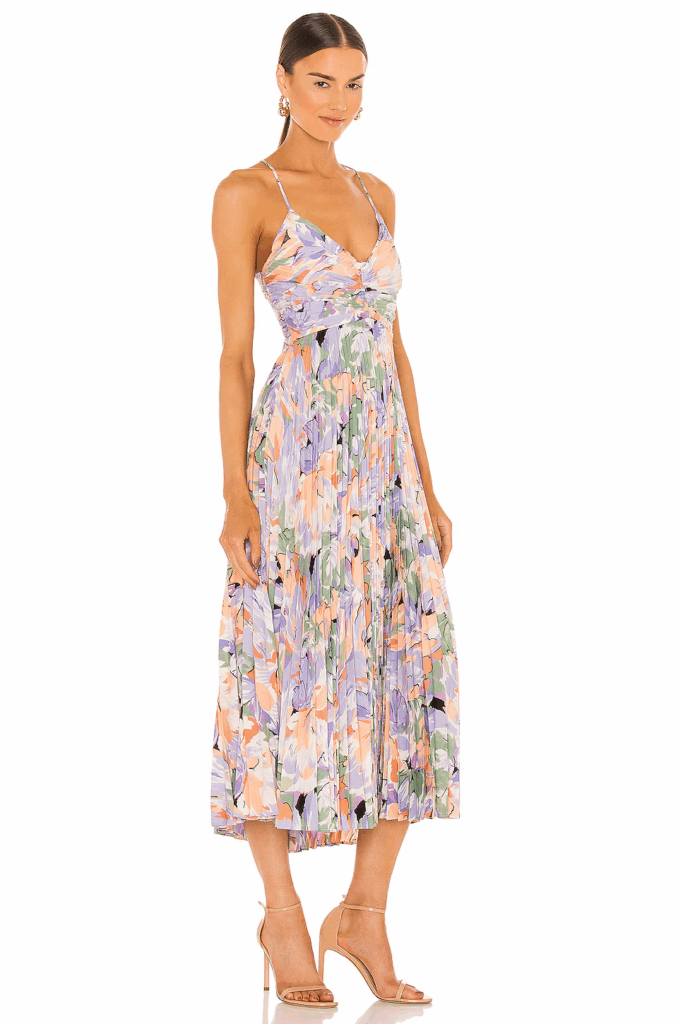 Floral wedding guest dress with purple, yellow, blue, green for garden wedding
